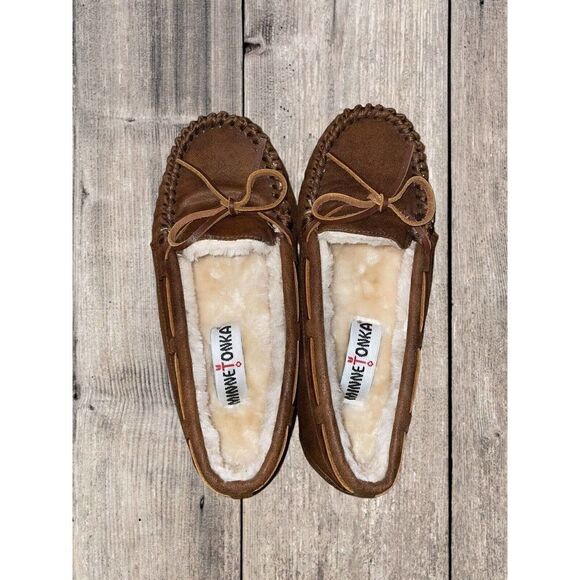 Minnetonka Slippers Womens Size 6 Brown Faux Fur Lined Fabric Britt Trapper - Picture 7 of 9